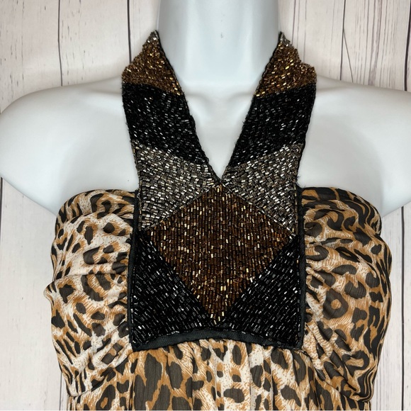 Love 21 Halter Top Womens Small Brown Leopard Print Embellished Beaded Neckline - Picture 2 of 5